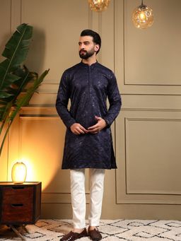 Odette - Navy Blue Silk Blend Embroidered Kurta with Pyjama For Men