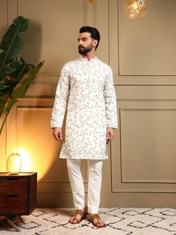 Odette - White Silk Blend Embroidered Kurta with Pyjama For Men