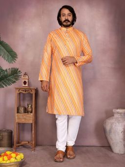 Odette - Peach Orange Silk Blend Printed Kurta with Pyjama For Men