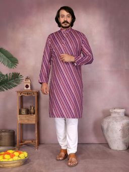 Odette - Purple Silk Blend Printed Kurta with Pyjama For Men