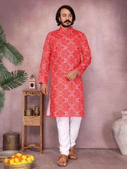 Odette - Red Silk Blend Printed Kurta with Pyjama For Men