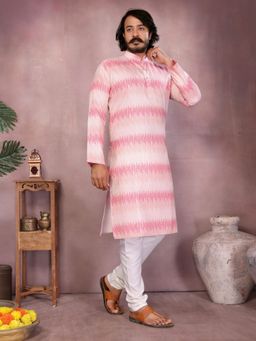 Odette - White And Pink Silk Blend Printed Kurta with Pyjama For Men