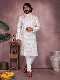 Odette - White Silk Blend Printed Kurta with Pyjama For Men