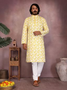 Odette - Yellow Silk Blend Printed Kurta with Pyjama For Men