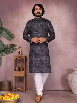 Odette - Black Cotton Blend Printed Kurta with Pyjama For Men