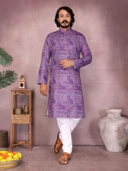 Odette - Light Purple Cotton Blend Printed Kurta with Pyjama For Men