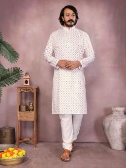 Odette - Off White Cotton Blend Printed Kurta with Pyjama For Men