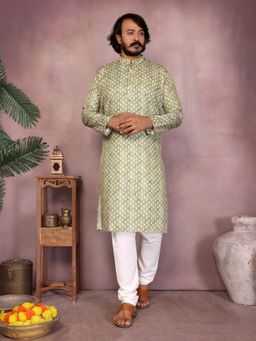 Odette - Pista Green Cotton Blend Printed Kurta with Pyjama For Men