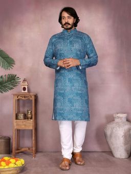 Odette - Blue Cotton Blend Printed Kurta with Pyjama For Men