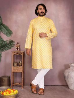 Odette - Yellow Cotton Blend Printed Kurta with Pyjama For Men