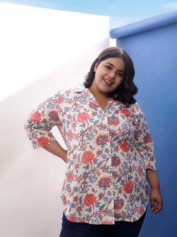 Amydus - Plus Size Floral Printed Cuban Collar Cotton Linen Shirt