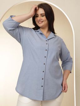 Amydus - Plus Size Light Blue Cuban Collar Cotton Shirt