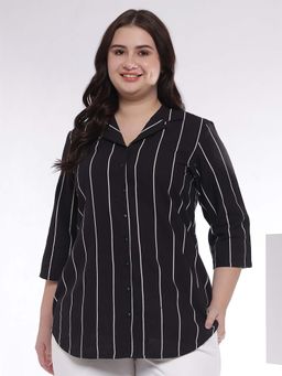 Amydus - Plus Size Black Stripe Cuban Collar Cotton Shirt