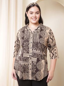 Amydus - Plus Size Brown Black Printed Cuban Collar Cotton Shirt