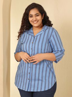 Amydus - Plus Size Sky Blue Striped Cotton Cuban Collar Shirt