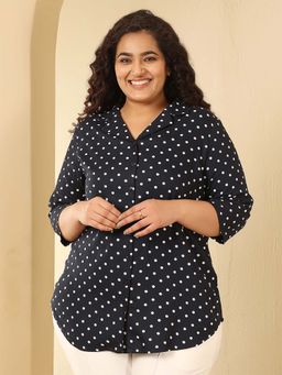 Amydus - Plus Size Black Polka Dot Cotton Cuban Collar Shirt