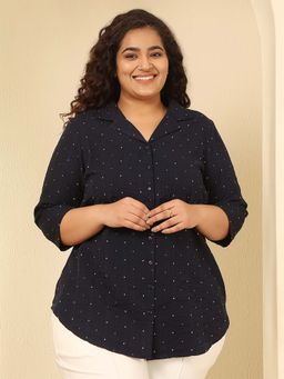 Amydus - Plus Size Black Dobby Weave Cotton Cuban Collar Shirt