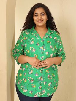 Amydus - Plus Size Green Floral Print Cotton Cuban Collar Shirt