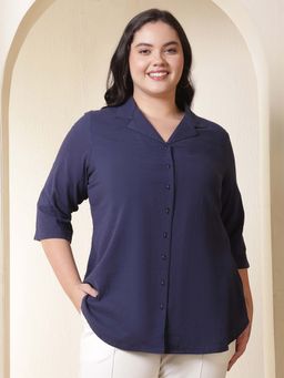 Amydus - Plus Size Dark Blue Cuban Collar Cotton Shirt