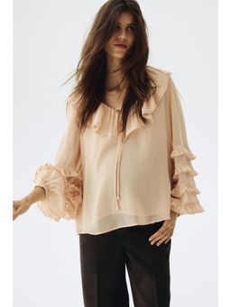 H&M - Women Beige MAMA Frill-Trimmed Chiffon Top