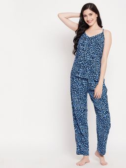 Clovia - Animal Print Cami Top & Pyjama Set In Blue - Cotton
