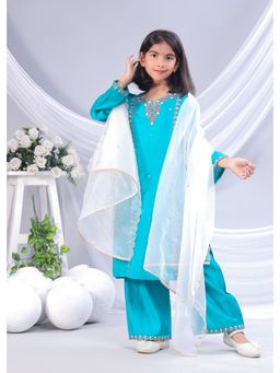 Misbis - Girls Blue Floral Embroidery Kurta with Palazzo and Dupatta (Set of 3)