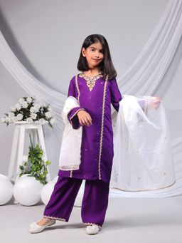 Misbis - Girls Purple Floral Embroidery Kurta with Palazzo and Dupatta (Set of 3)