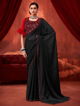 SANSKAR - Black Solid Chiffon Embroidered Saree and Unstitched Blouse