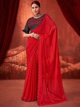 SANSKAR - Red Solid Chiffon Embroidered Saree and Unstitched Blouse