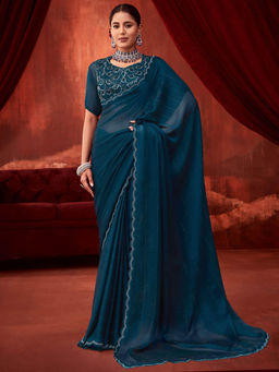 SANSKAR - Blue Solid Chiffon Embroidered Saree and Unstitched Blouse