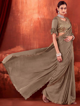 SANSKAR - Beige Solid Chiffon Embroidered Saree and Unstitched Blouse