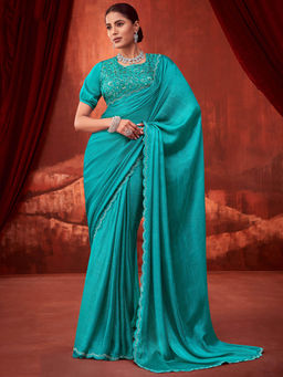 SANSKAR - Turquoise Solid Chiffon Embroidered Saree and Unstitched Blouse