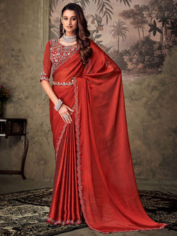 SANSKAR - Red Solid Chiffon Embroidered Saree with Semi-Stitched Blouse