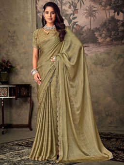 SANSKAR - Beige Solid Chiffon Embroidered Saree with Semi-Stitched Blouse