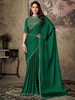 SANSKAR - Green Solid Chiffon Embroidered Saree with Semi-Stitched Blouse