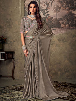 SANSKAR - Grey Solid Chiffon Embroidered Saree with Semi-Stitched Blouse