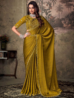 SANSKAR - Mustard Solid Chiffon Embroidered Saree with Semi-Stitched Blouse