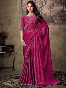 SANSKAR - Pink Solid Chiffon Embroidered Saree with Semi-Stitched Blouse