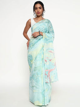 Zari Jaipur - Multi-Color Cotton Viscose Saree with Marbel Print and Unstitched Blouse