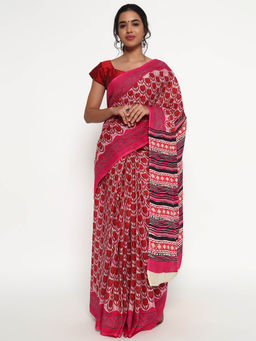 Zari Jaipur - Pink Cotton Viscose Saree with Ethnic Print and Unstitched Blouse