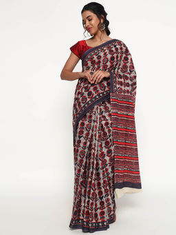 Zari Jaipur - Grey Cotton Viscose Saree with Ethnic Print and Unstitched Blouse
