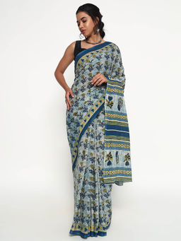 Zari Jaipur - Blue Cotton Viscose Saree with Ethnic Print and Unstitched Blouse