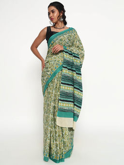 Zari Jaipur - Green Cotton Viscose Saree with Ethnic Print and Unstitched Blouse