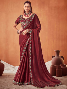 SANSKAR - Maroon Solid Chiffon Embroidered Saree with Semi-Stitched Blouse