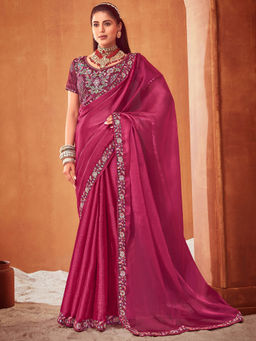 SANSKAR - Pink Solid Chiffon Embroidered Saree with Semi-Stitched Blouse