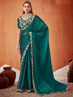 SANSKAR - Turquoise Solid Chiffon Embroidered Saree with Semi-Stitched Blouse
