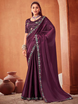 SANSKAR - Violet Solid Chiffon Embroidered Saree with Semi-Stitched Blouse