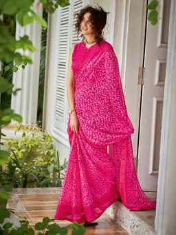SANSKAR - Pink Floral Georgette with Zari Border Saree and Unstitched Blouse