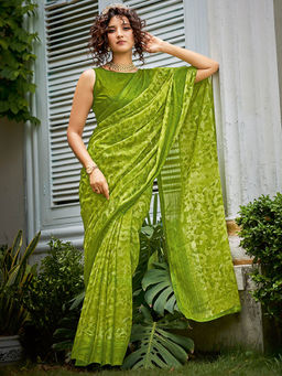 SANSKAR - Green Floral Georgette with Zari Border Saree and Unstitched Blouse