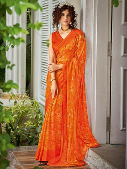 SANSKAR - Orange Floral Georgette with Zari Border Saree and Unstitched Blouse